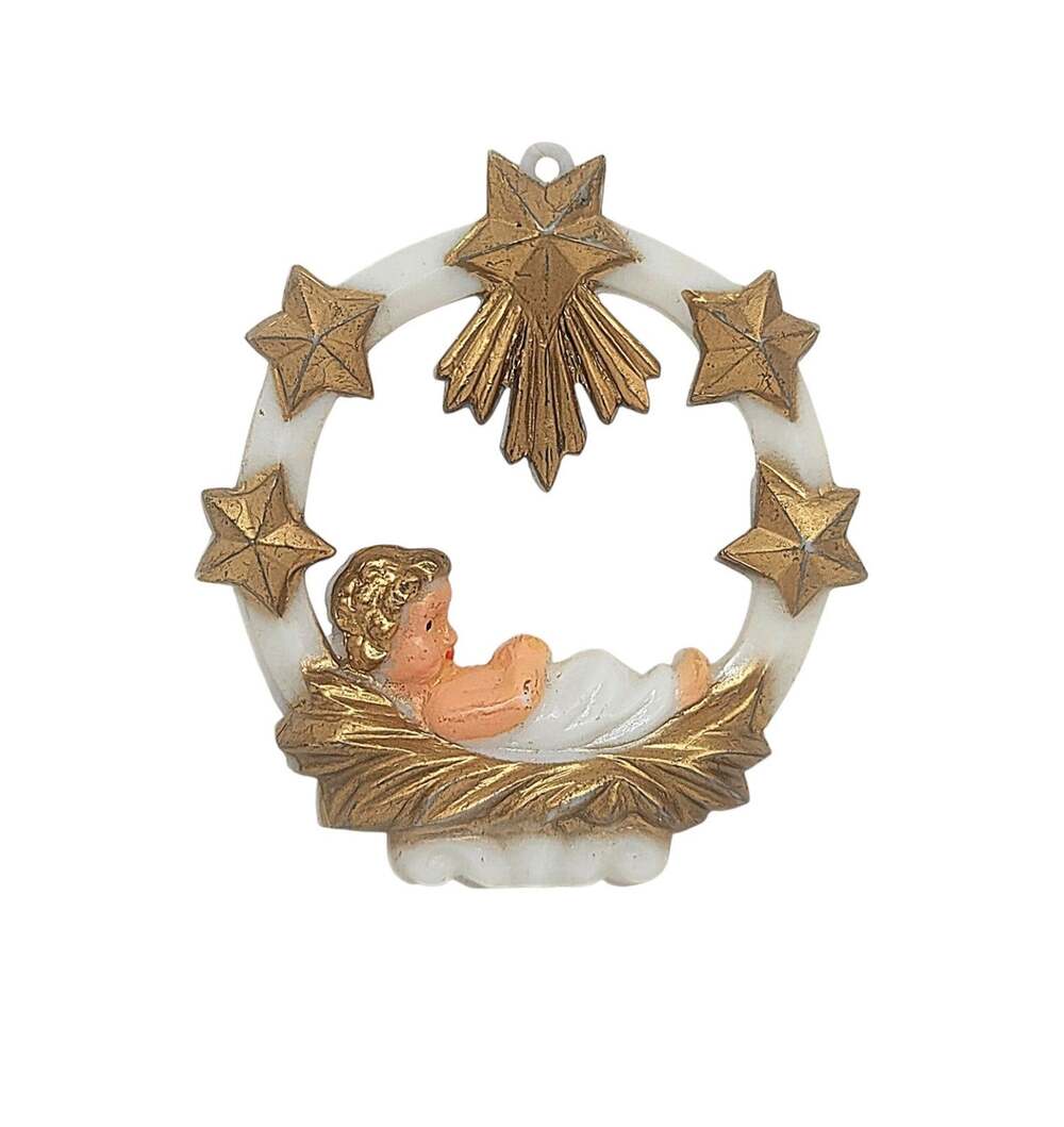RARE Vtg 1940 1950 West Germany Baby Jesus In Manger Gold Stars Ornament CL19
